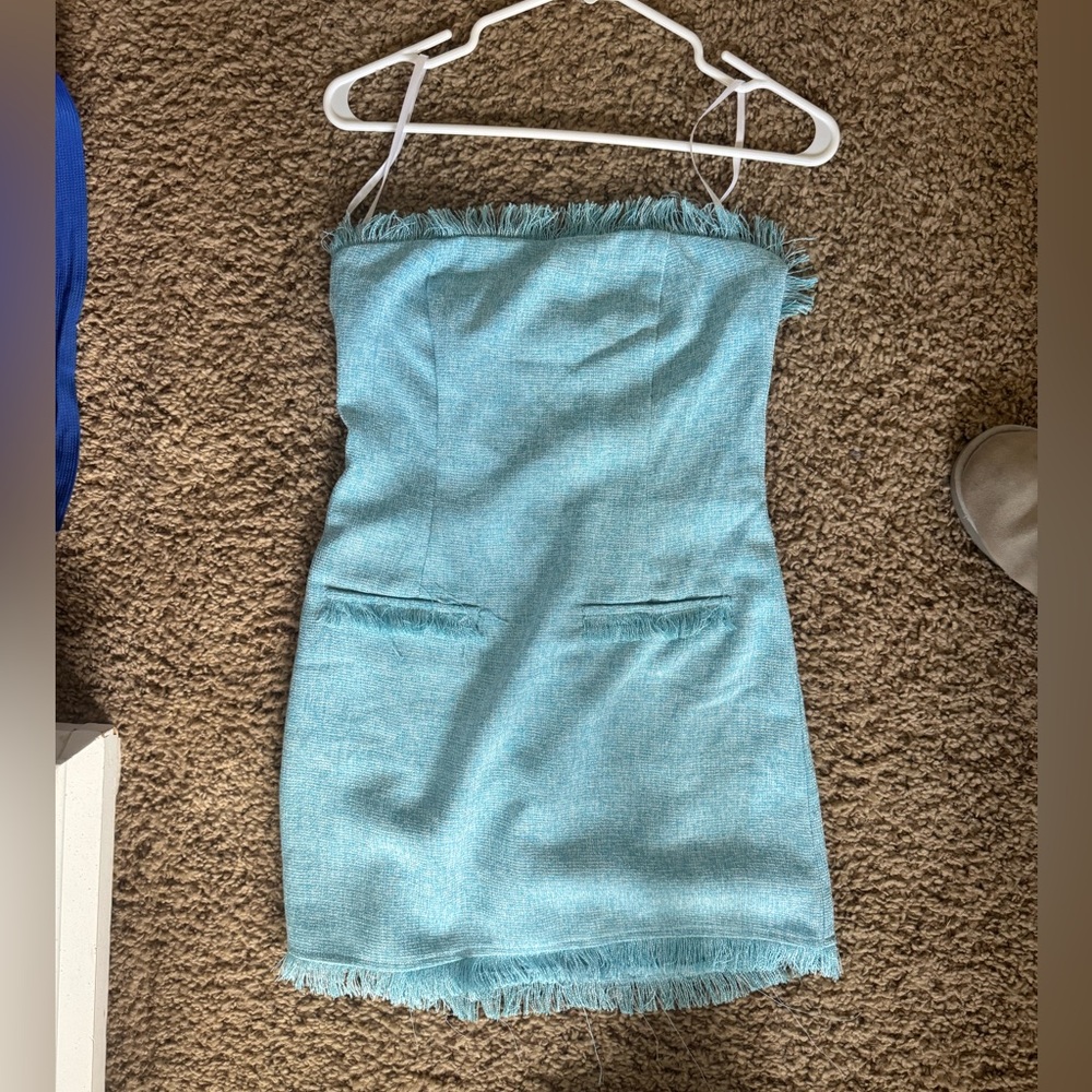 MORE TO COME Houda Strapless Mini Dress in Blue